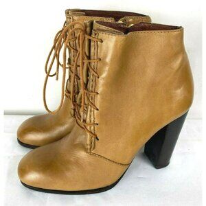 ELIZABETH AND JAMES Light Cognac Brown Leather Lace Up Side Zip Boots Heels Sz 8